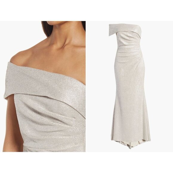 New Eliza J Size 10 One-Shoulder Glitter Mermaid Gown ruching, train Back Beige - Picture 2 of 15